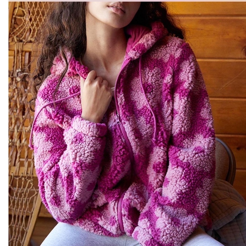 PacSun Pink Floral Sherpa Fleece Full Zip Hoodie Jacket Womens Small